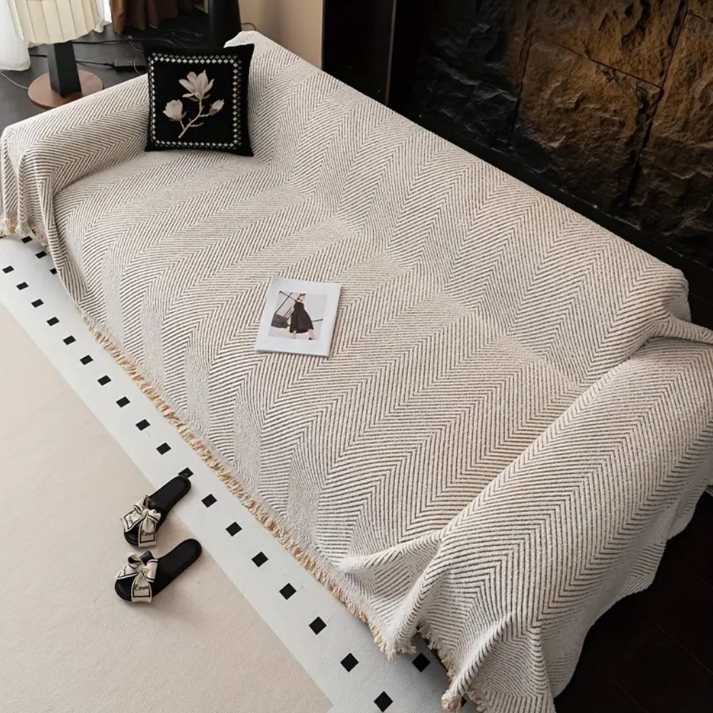 Herringbone Sofa Cover with Tassel Edge