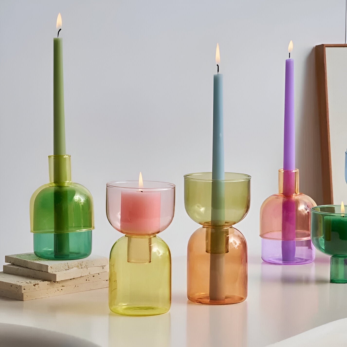 Modern Glass Candle Holder with Color Accent