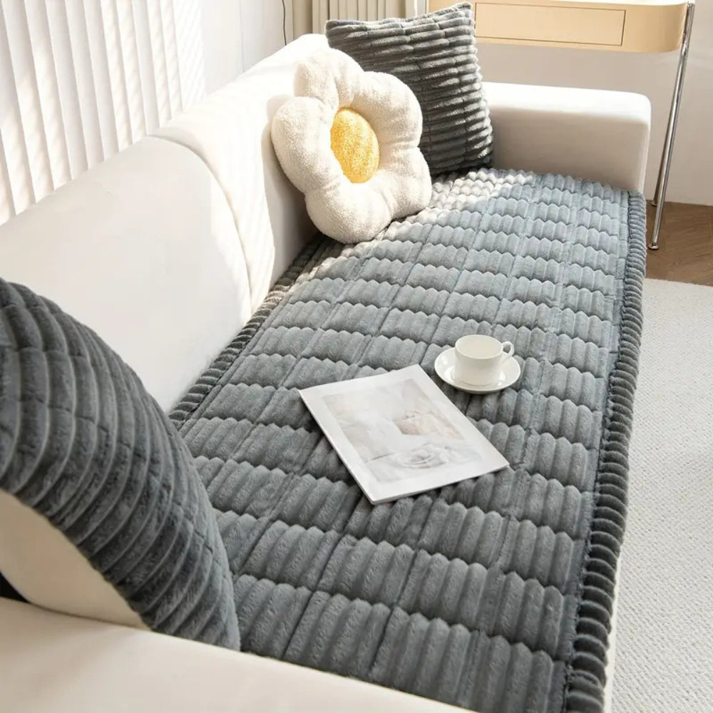 Pleated Plush Sofa Cover with Anti Slip