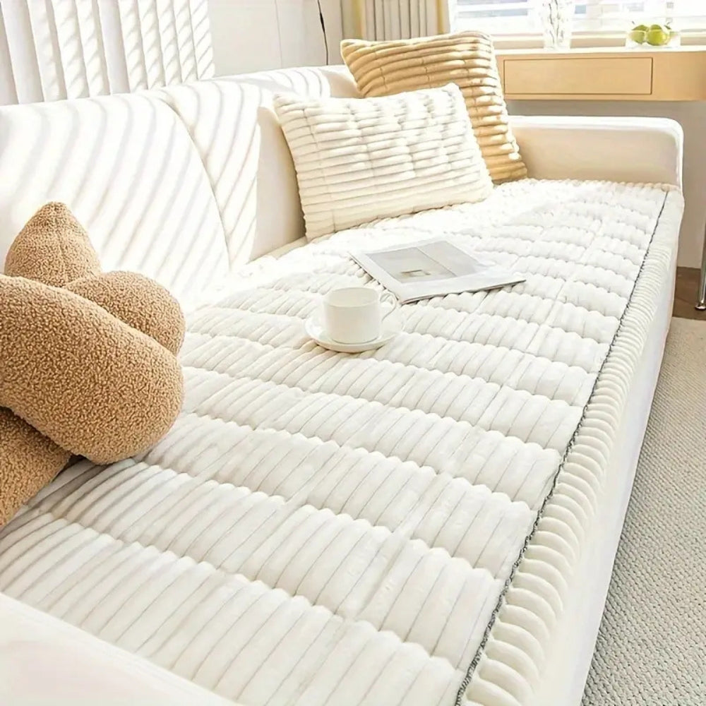 Pleated Plush Sofa Cover with Anti Slip