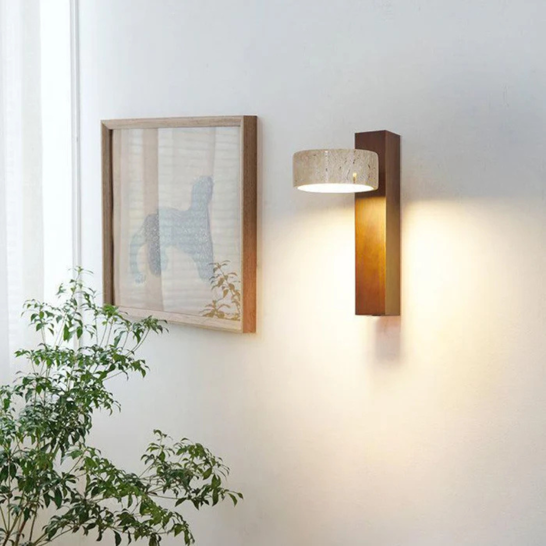 Travertine Wood Wall Sconce with Angled Shade