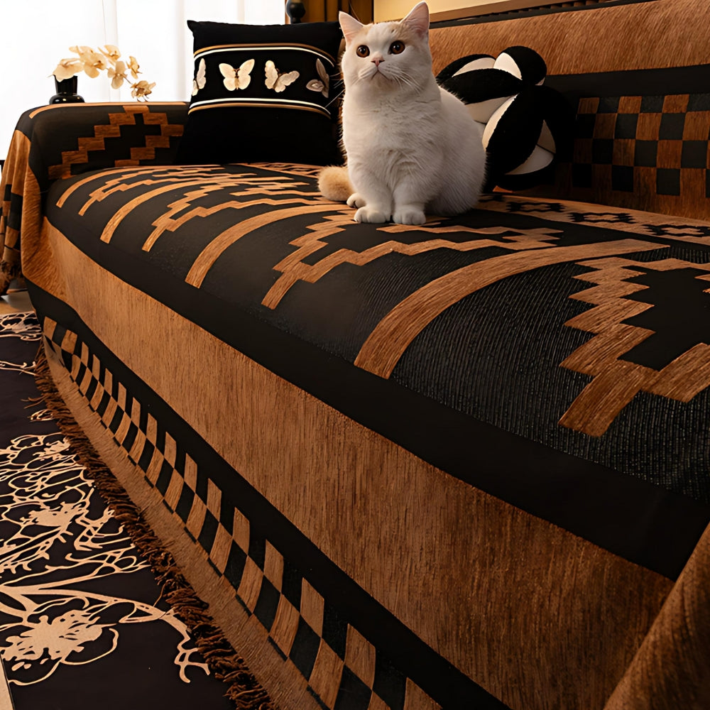 Tribal Chenille Sofa Cover with Fringe Edge