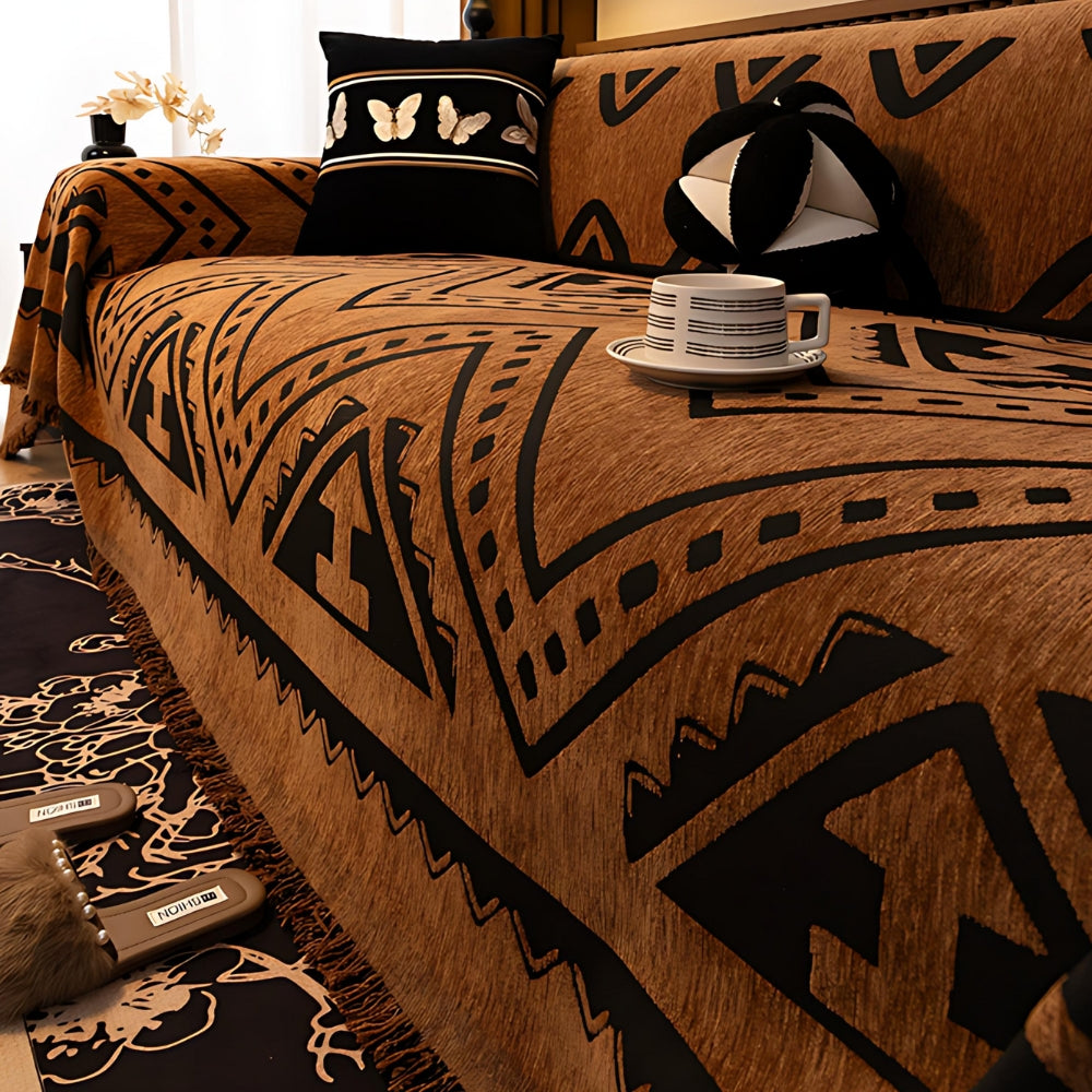 Tribal Chenille Sofa Cover with Fringe Edge