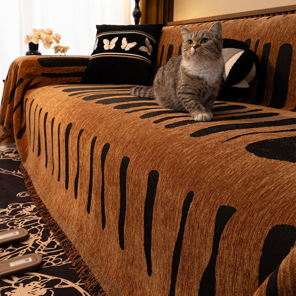 Tribal Chenille Sofa Cover with Fringe Edge