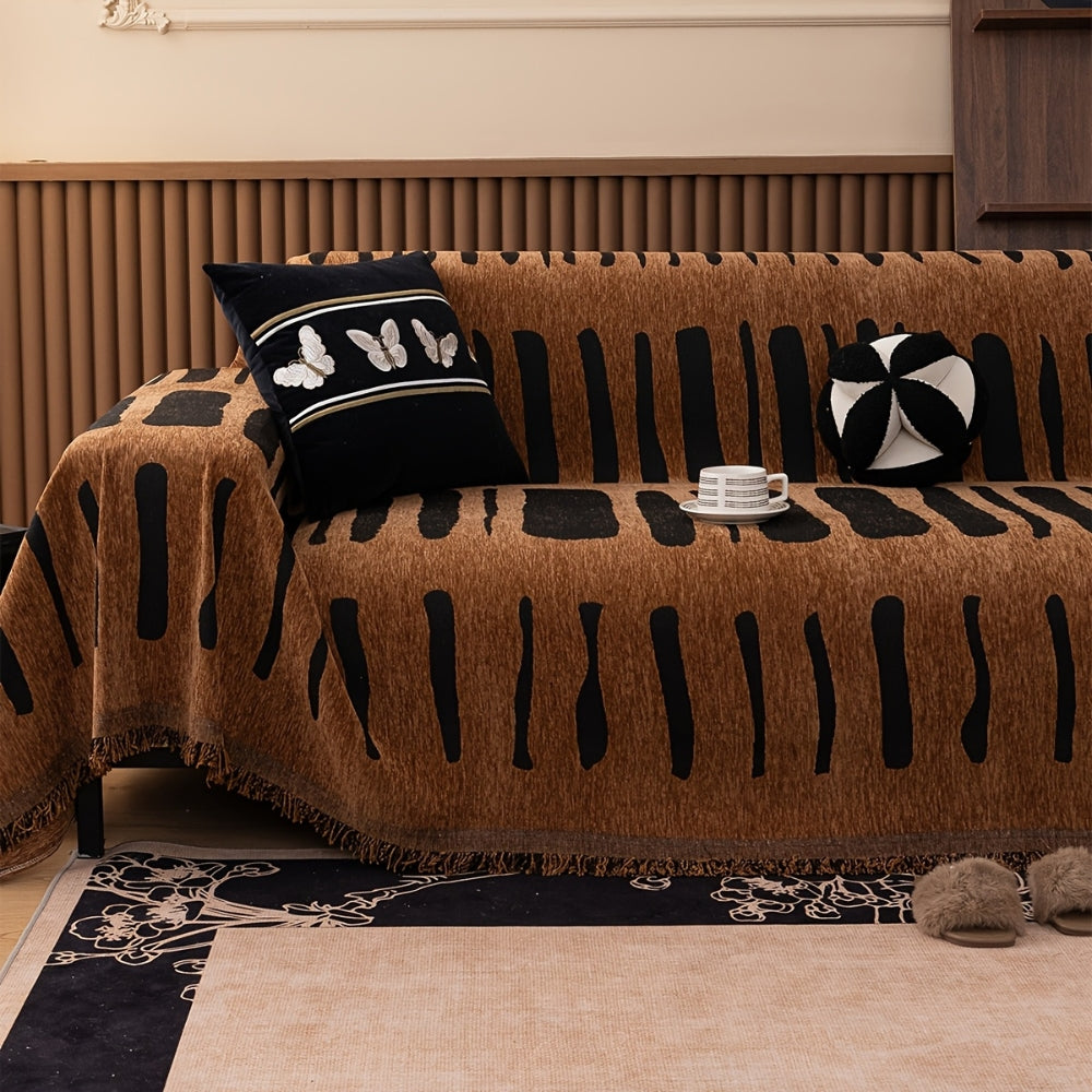 Tribal Chenille Sofa Cover with Fringe Edge