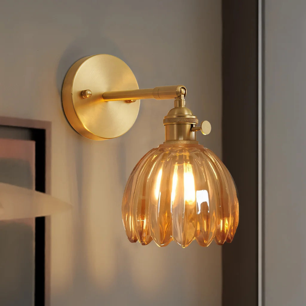 Vintage Glass Wall Sconce with Brass Arm and Shade