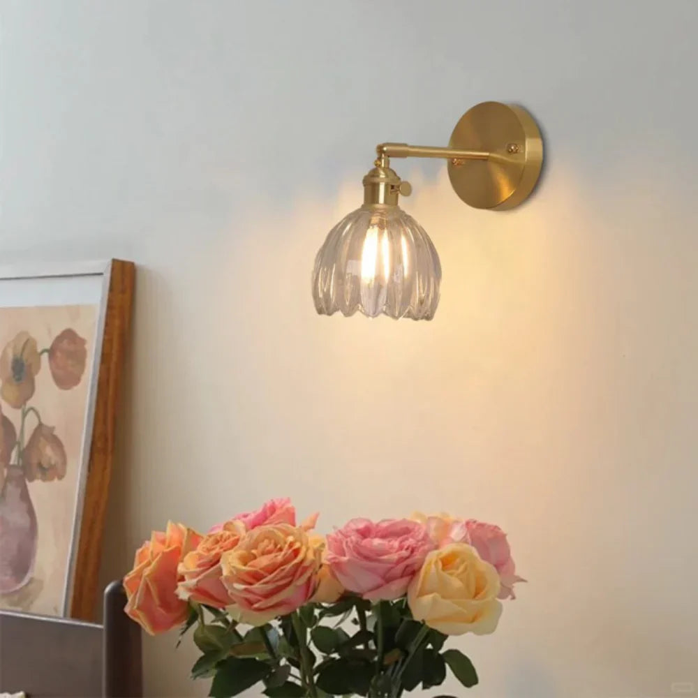 Vintage Glass Wall Sconce with Brass Arm and Shade