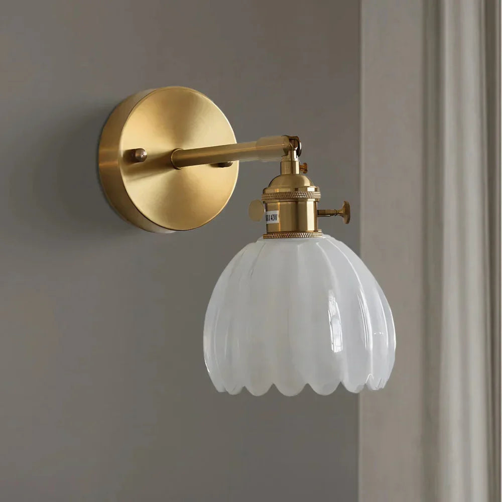 Vintage Glass Wall Sconce with Brass Arm and Shade