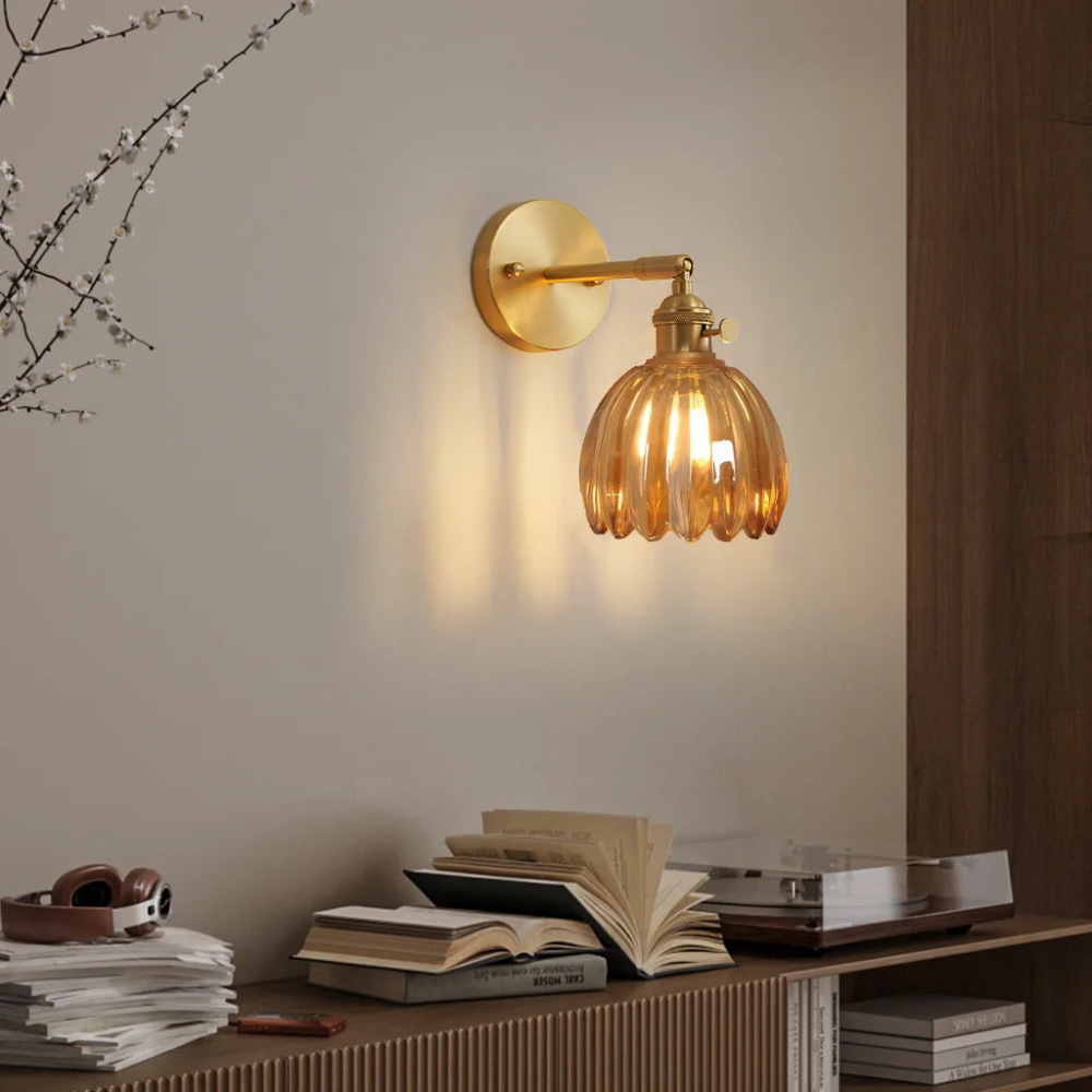Vintage Glass Wall Sconce with Brass Arm and Shade