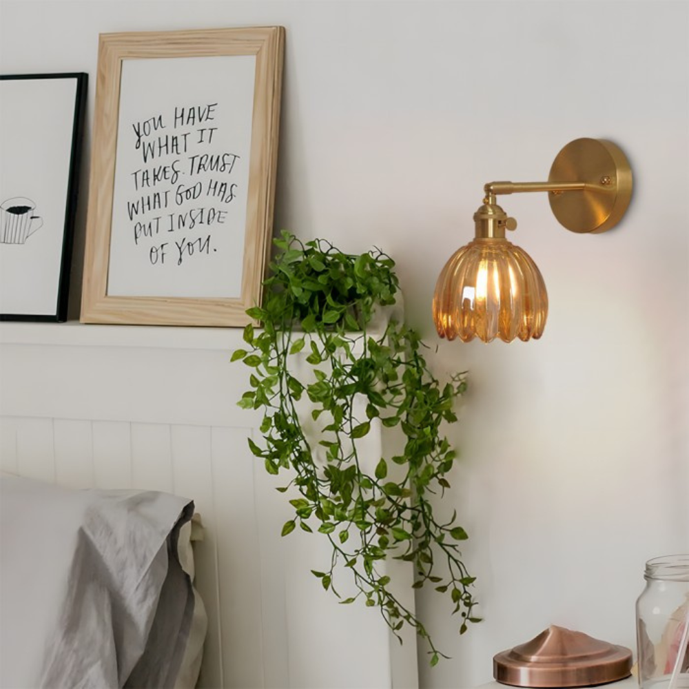 Vintage Glass Wall Sconce with Brass Arm and Shade