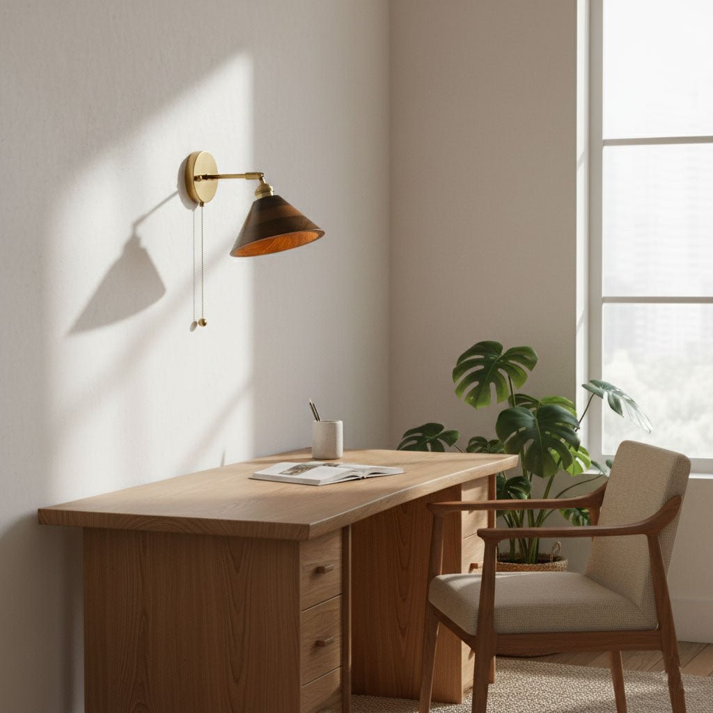 Vintage Wood Wall Sconce with Brass Dome Shade