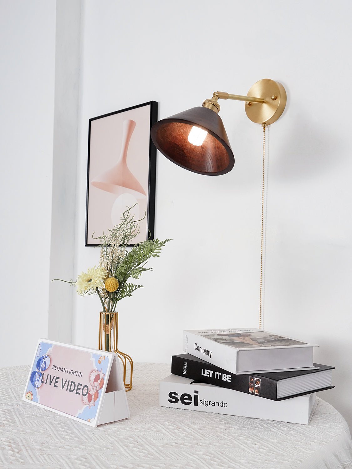 Vintage Wood Wall Sconce with Brass Dome Shade