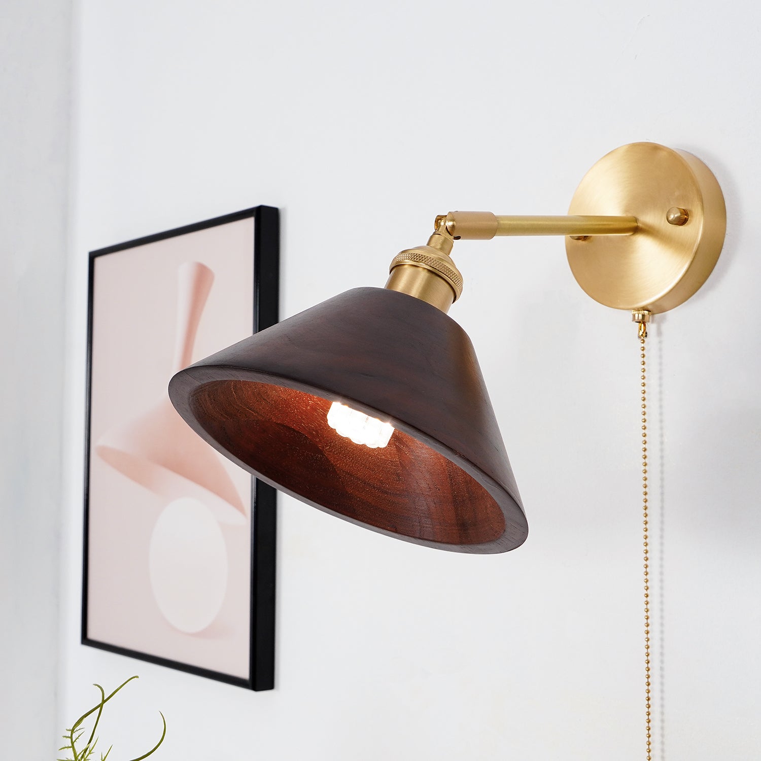 Vintage Wood Wall Sconce with Brass Dome Shade