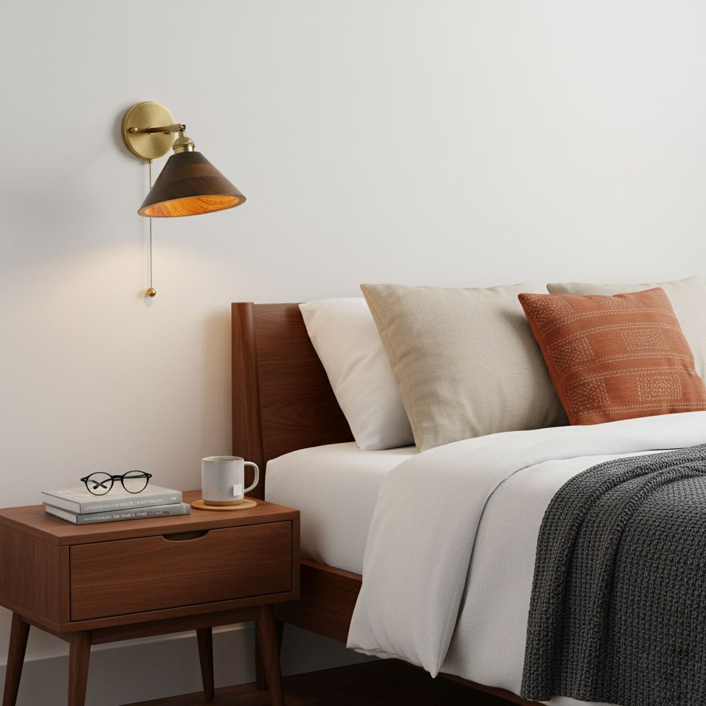Vintage Wood Wall Sconce with Brass Dome Shade