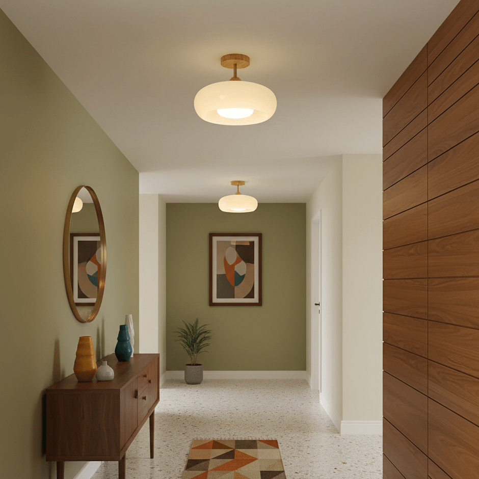 Wood Dome Ceiling Light with Glass Shade LED