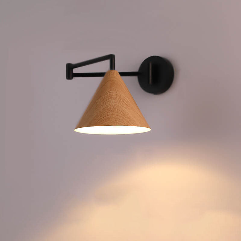 Wood Iron Wall Sconce with Swing Arm and Cone