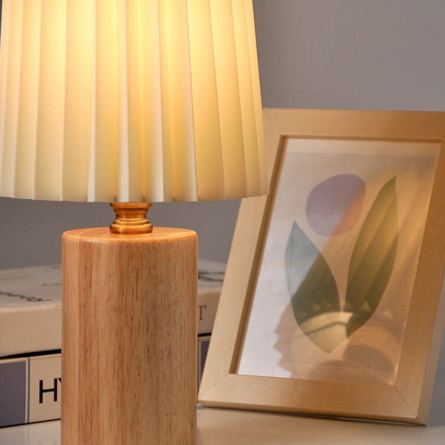 Wood Table Lamp with Pleated Fabric Shade