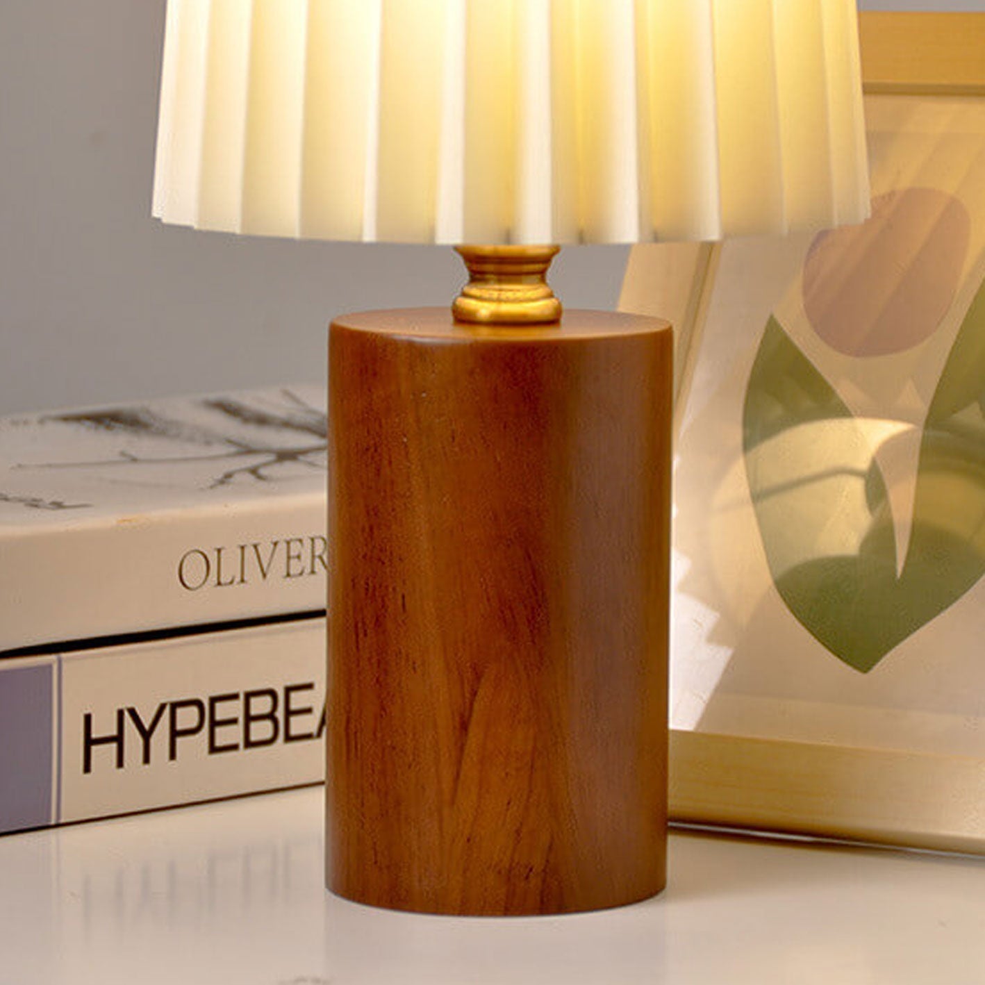Wood Table Lamp with Pleated Fabric Shade