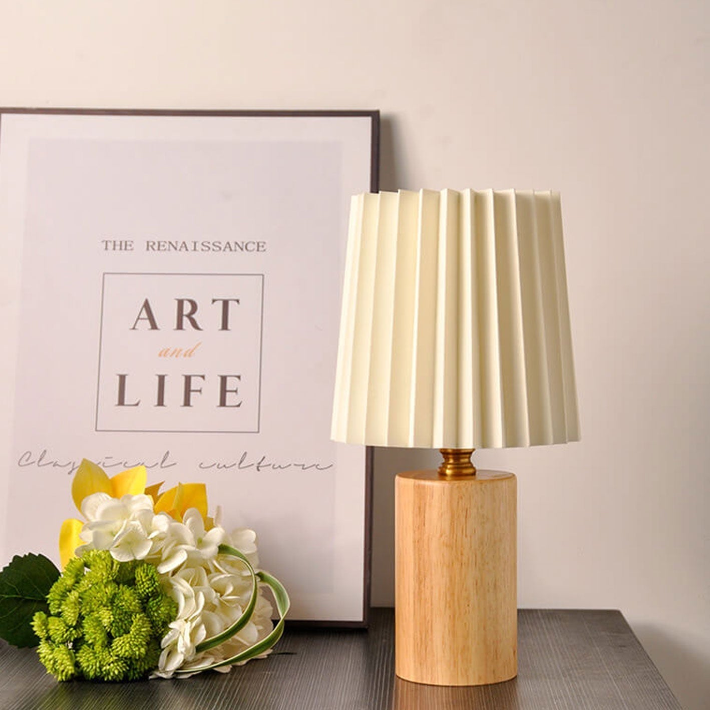 Wood Table Lamp with Pleated Fabric Shade