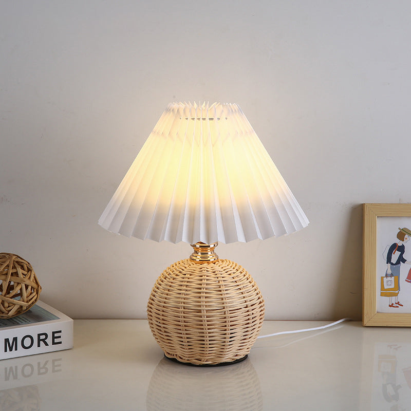Woven Rattan Table Lamp with Pleated Shade