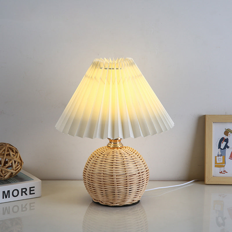 Woven Rattan Table Lamp with Pleated Shade