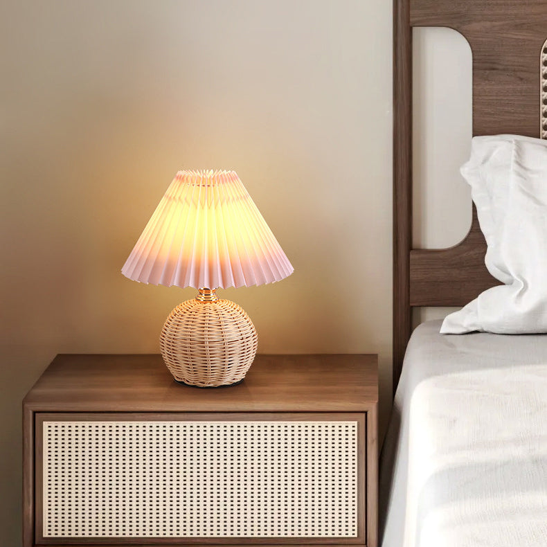 Woven Rattan Table Lamp with Pleated Shade