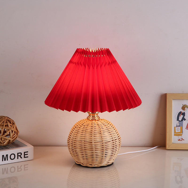 Woven Rattan Table Lamp with Pleated Shade