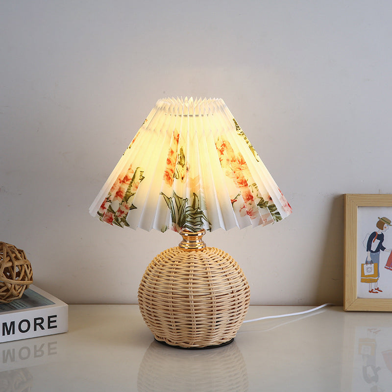 Woven Rattan Table Lamp with Pleated Shade