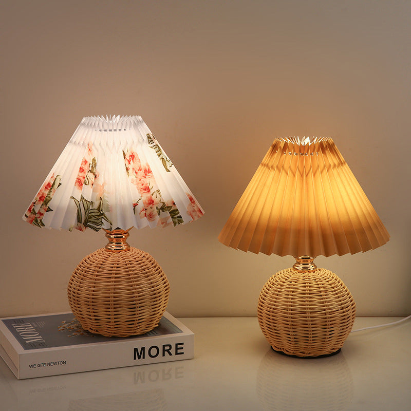 Woven Rattan Table Lamp with Pleated Shade