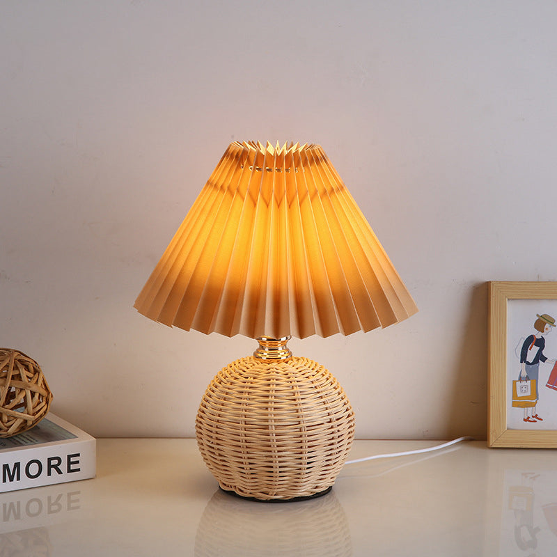 Woven Rattan Table Lamp with Pleated Shade