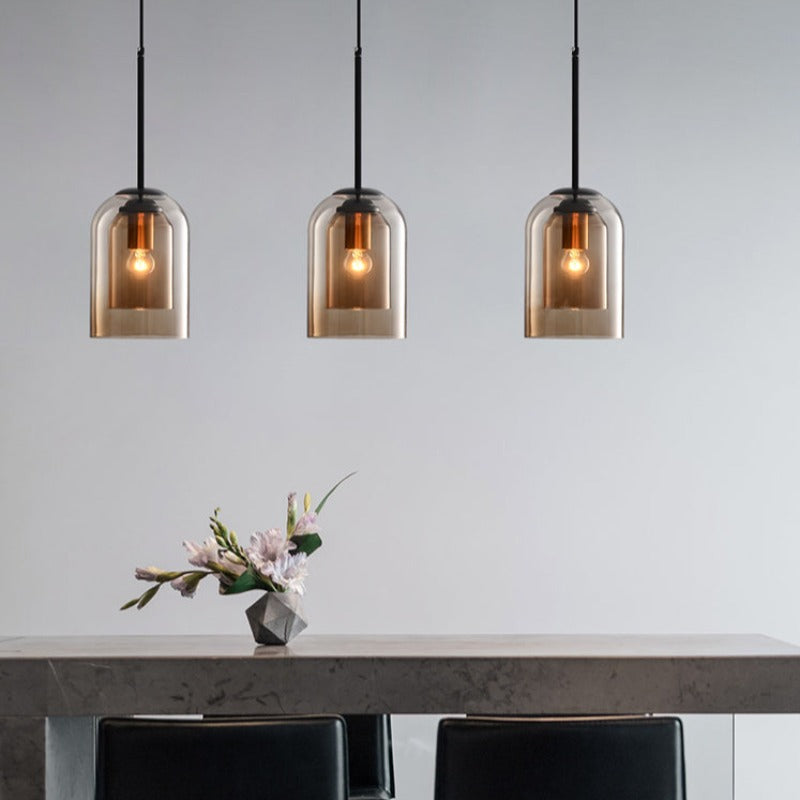 Modern Smoked Glass Pendant with Iron Top