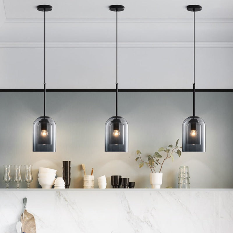 Modern Smoked Glass Pendant with Iron Top