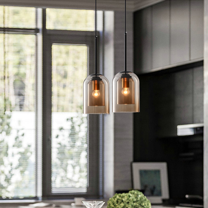 Modern Smoked Glass Pendant with Iron Top