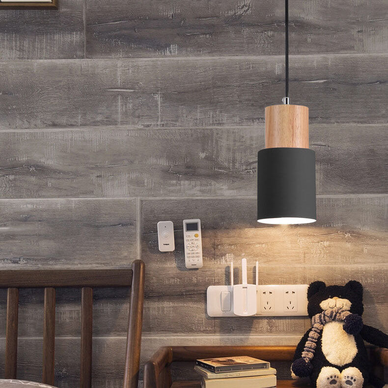 Nordic Wood Pendant Light with Cylinder Shade