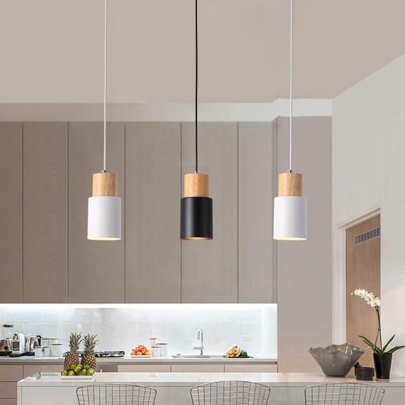 Nordic Wood Pendant Light with Cylinder Shade