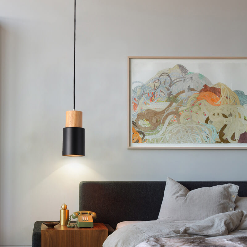 Nordic Wood Pendant Light with Cylinder Shade