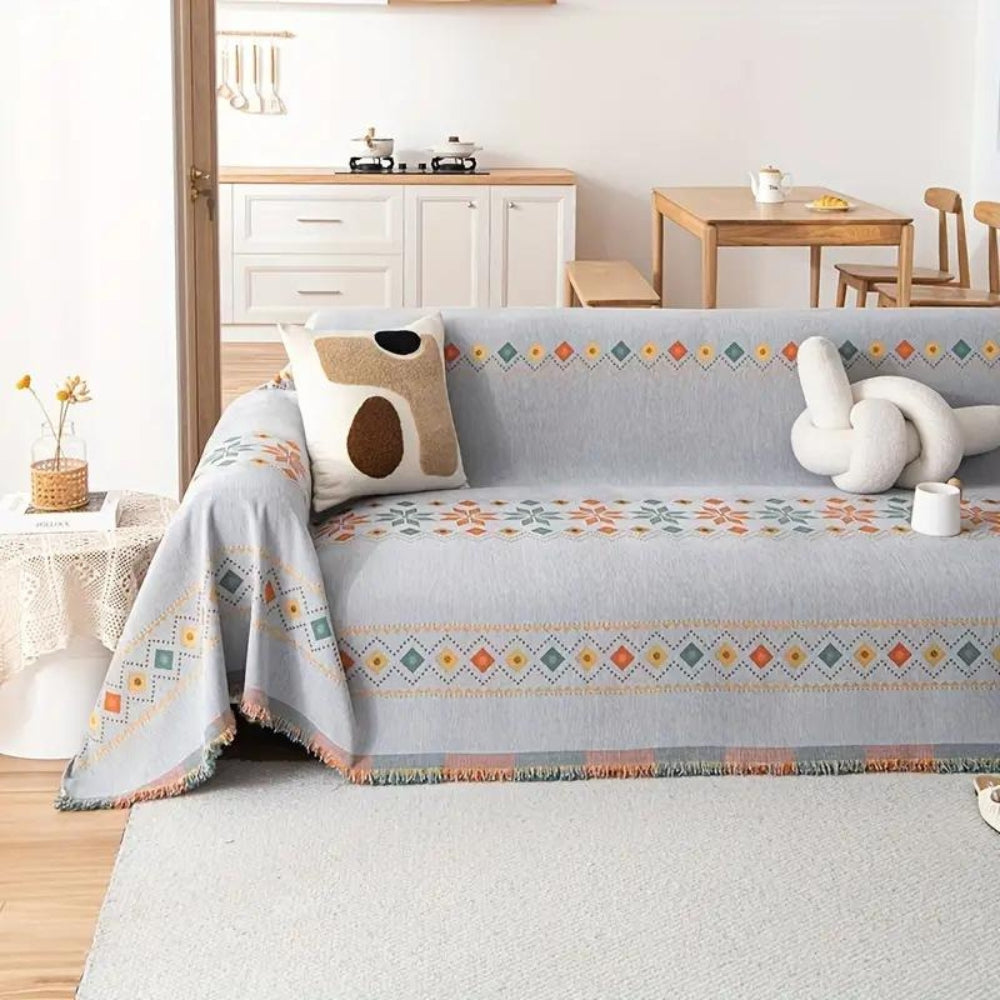Boho Chenille Sofa Cover with Tassel Trim