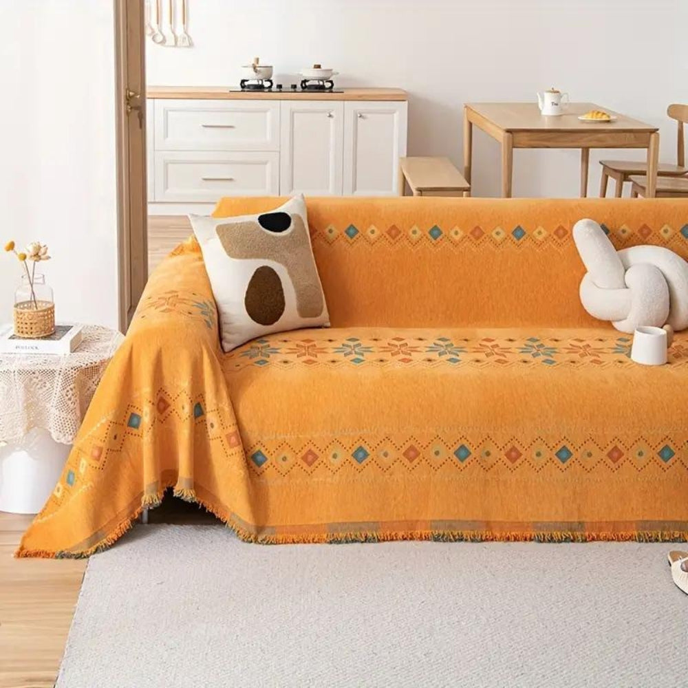 Boho Chenille Sofa Cover with Tassel Trim