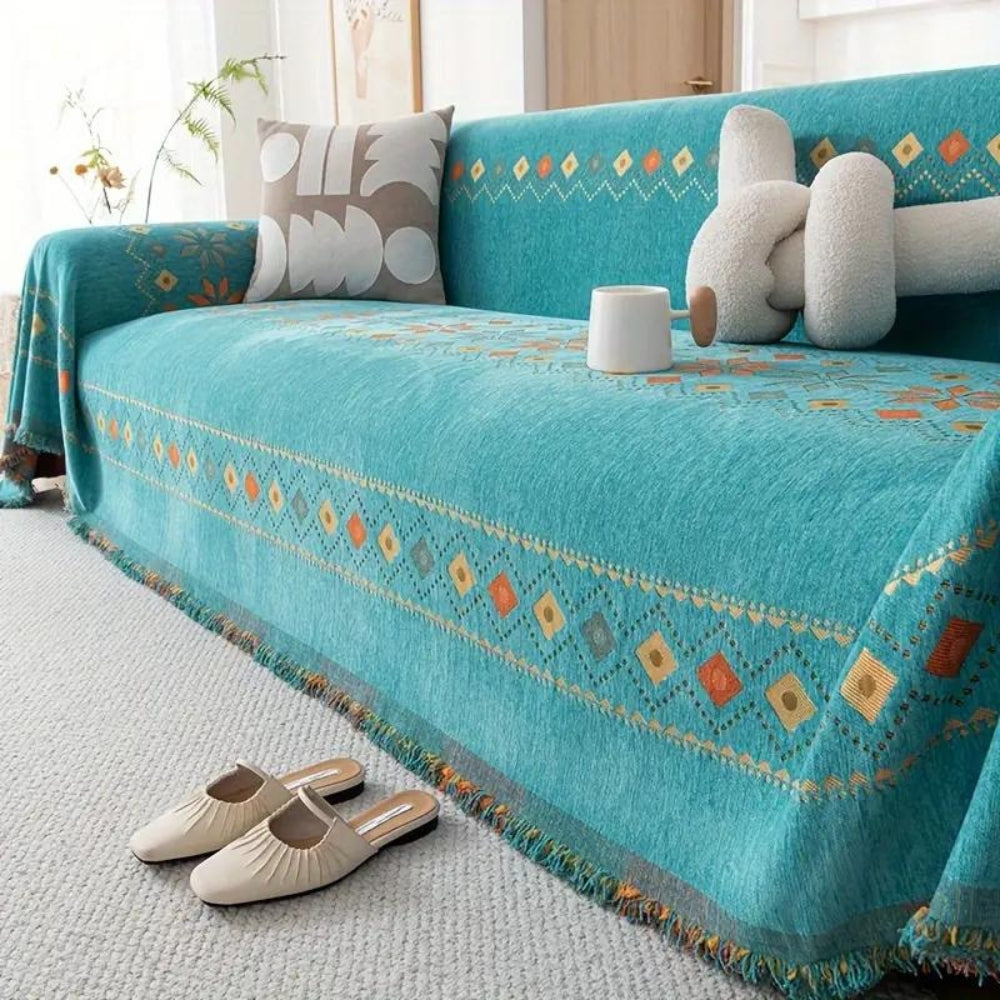 Boho Chenille Sofa Cover with Tassel Trim