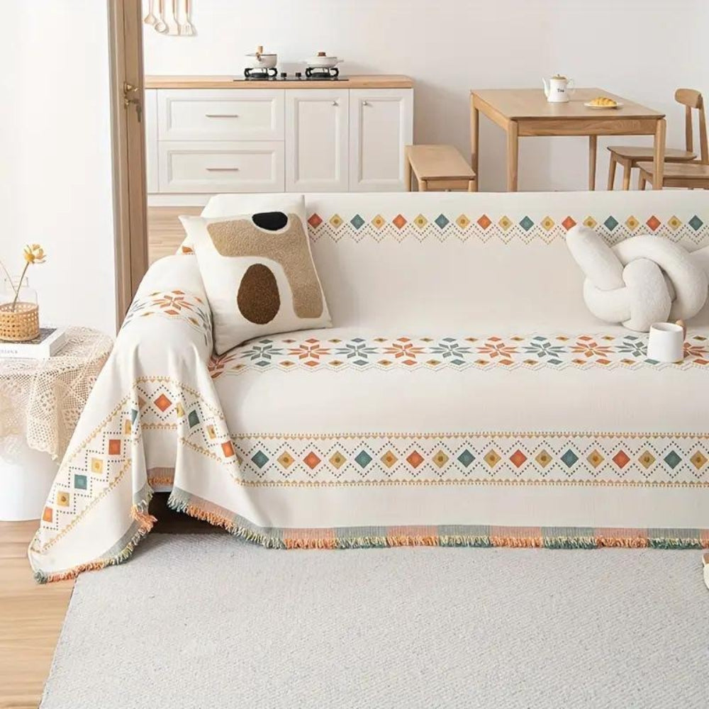 Boho Chenille Sofa Cover with Tassel Trim