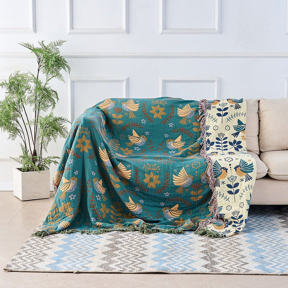 Boho Cotton Throw Blanket with Birds