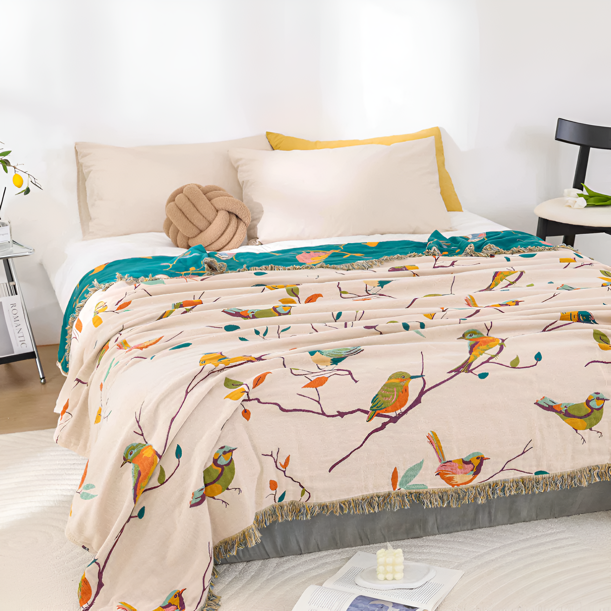 Boho Cotton Throw Blanket with Birds