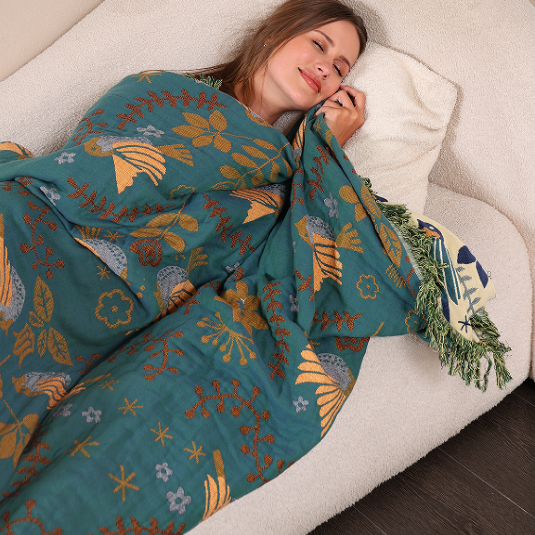Boho Cotton Throw Blanket with Birds