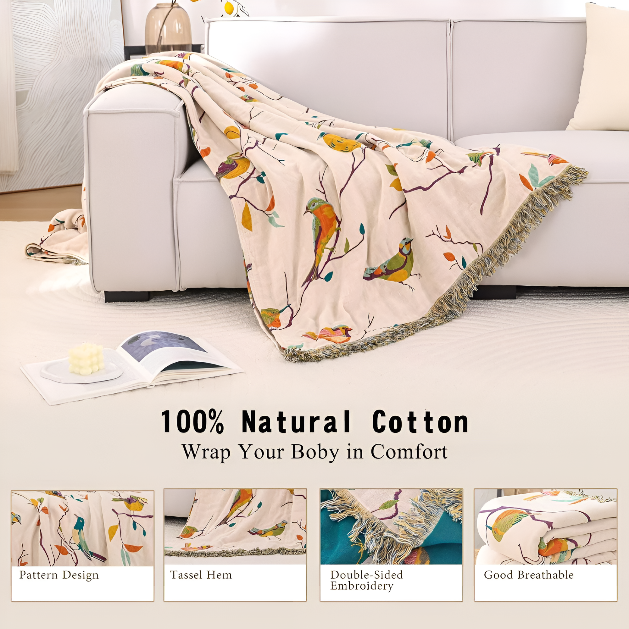 Boho Cotton Throw Blanket with Birds