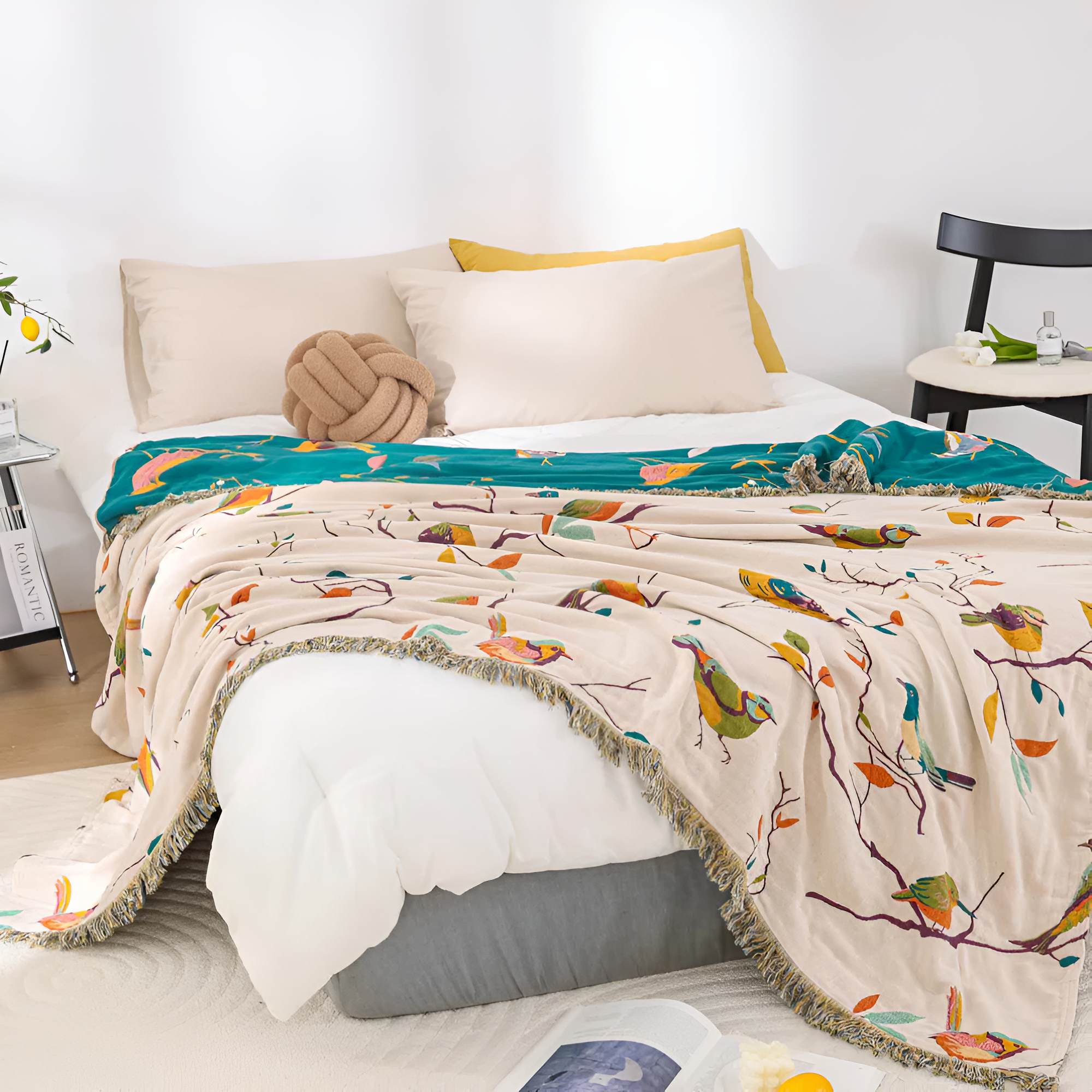 Boho Cotton Throw Blanket with Birds