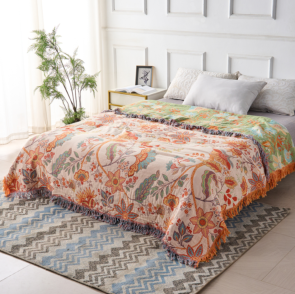 Boho Cotton Throw Blanket with Floral Print