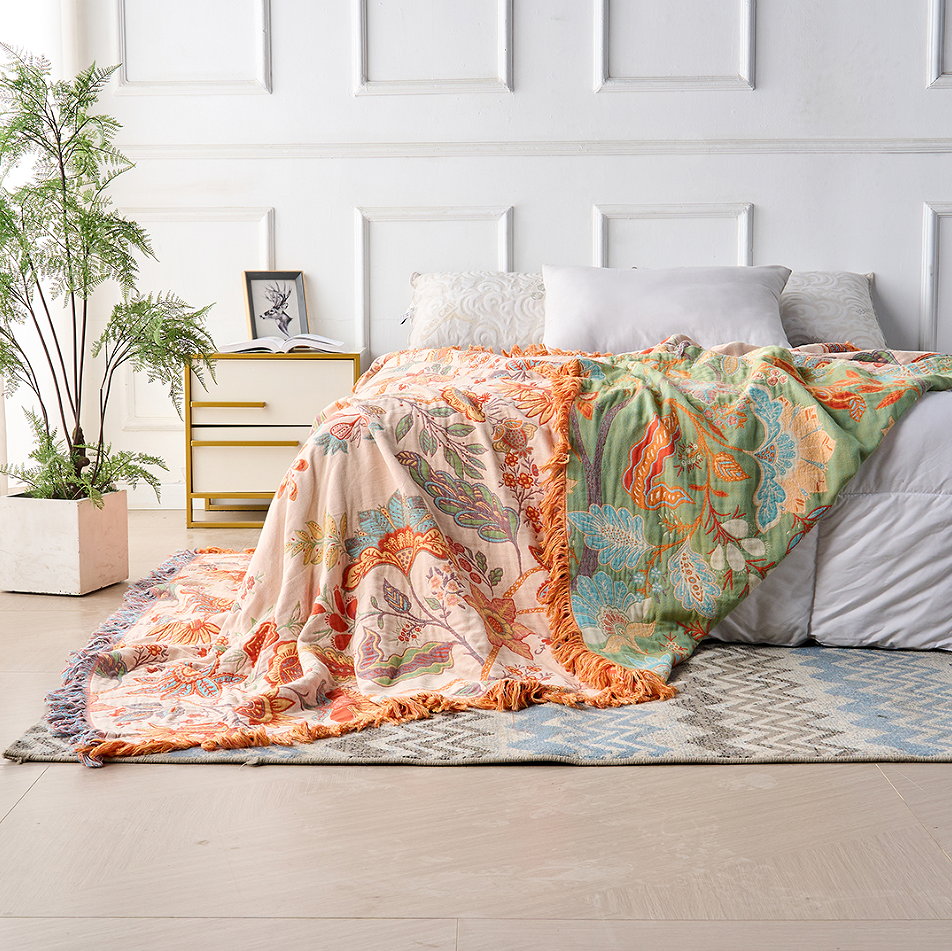Boho Cotton Throw Blanket with Floral Print