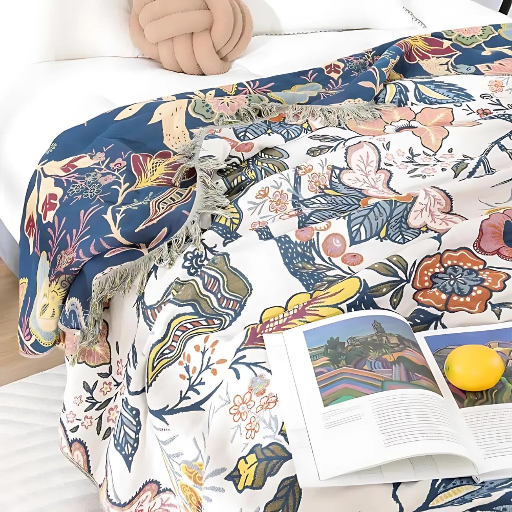 Boho Cotton Throw Blanket with Floral Print
