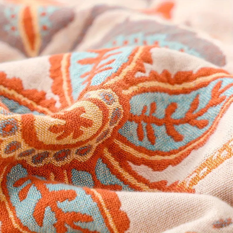 Boho Cotton Throw Blanket with Floral Print