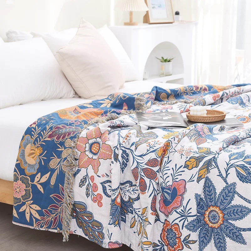 Boho Cotton Throw Blanket with Floral Print